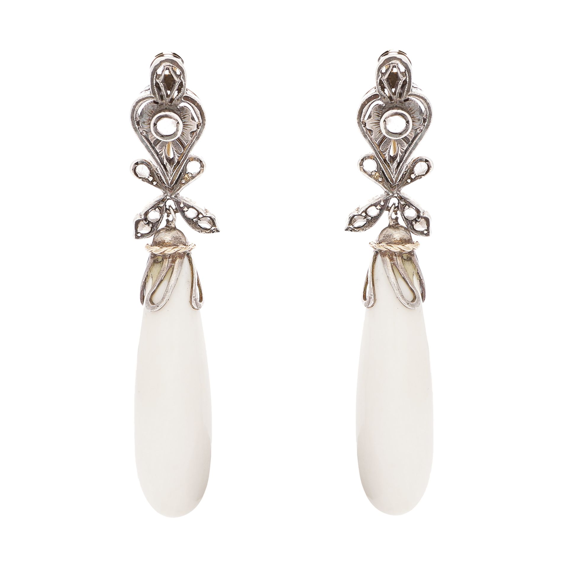 A PAIR OF ANTIQUE WHITE CORAL AND DIAMOND EARRINGS in yellow gold and silver, the polished white