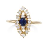 A SAPPHIRE AND DIAMOND DRESS RING in 18ct yellow gold, the oval cut sapphire within a marquise