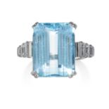 AN AQUAMARINE AND DIAMOND RING in platinum or white gold, the step cut 16.45 carat aquamarine