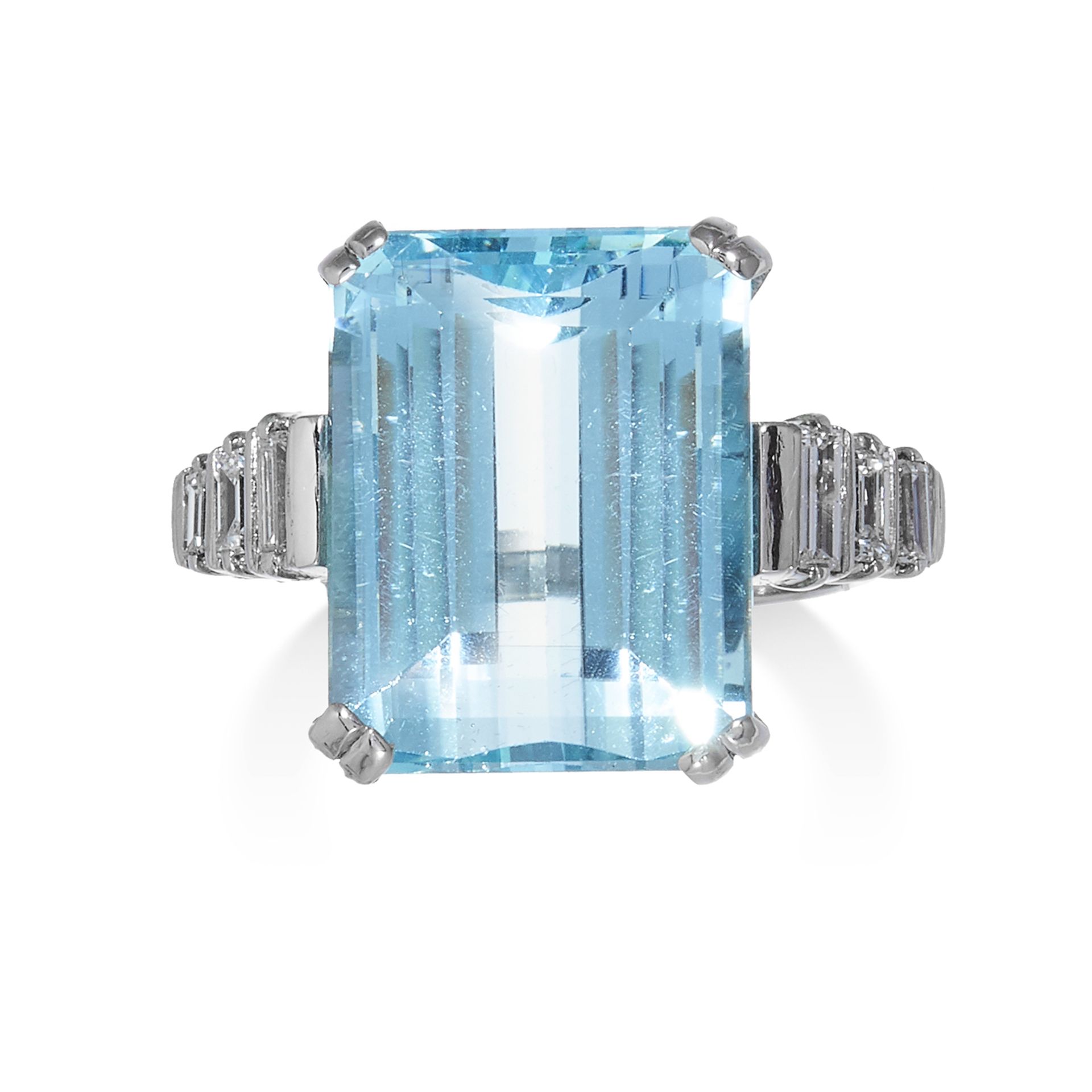 AN AQUAMARINE AND DIAMOND RING in platinum or white gold, the step cut 16.45 carat aquamarine