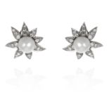 A PAIR OF NATURAL SALTWATER PEARL AND DIAMOND EARRINGS in 18ct white gold, each set with a pearl