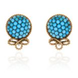 A PAIR OF ANTIQUE TURQUOISE EARRINGS in yellow gold, jewelled with turquoise cabochons under