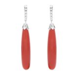 A PAIR OF ART DECO CORAL AND DIAMOND DROP EARRINGS in 18ct white gold, each set with a polished
