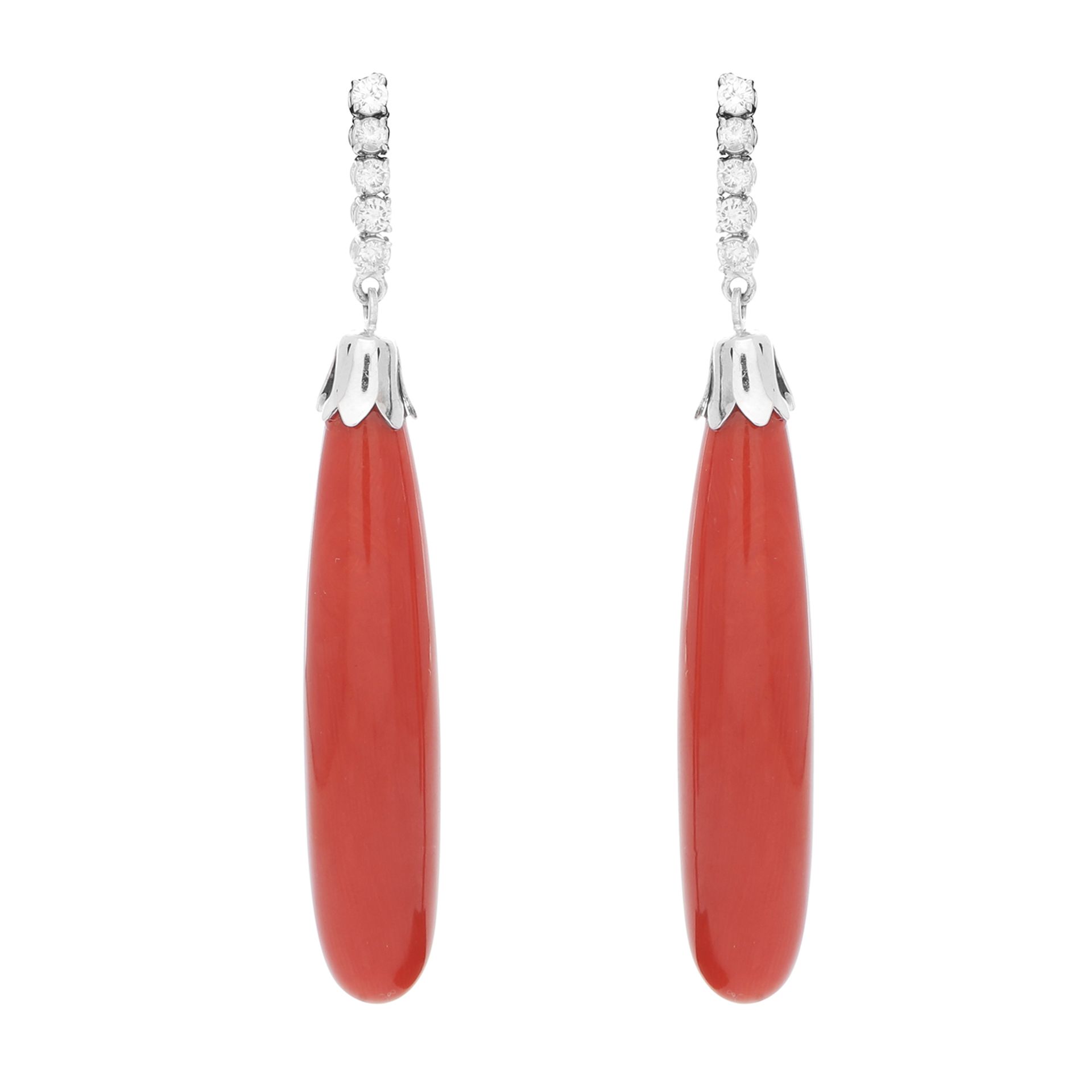 A PAIR OF ART DECO CORAL AND DIAMOND DROP EARRINGS in 18ct white gold, each set with a polished