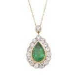 AN EMERALD AND DIAMOND PENDANT in 18ct yellow and white gold, the 4.76 carat pear cut emerald