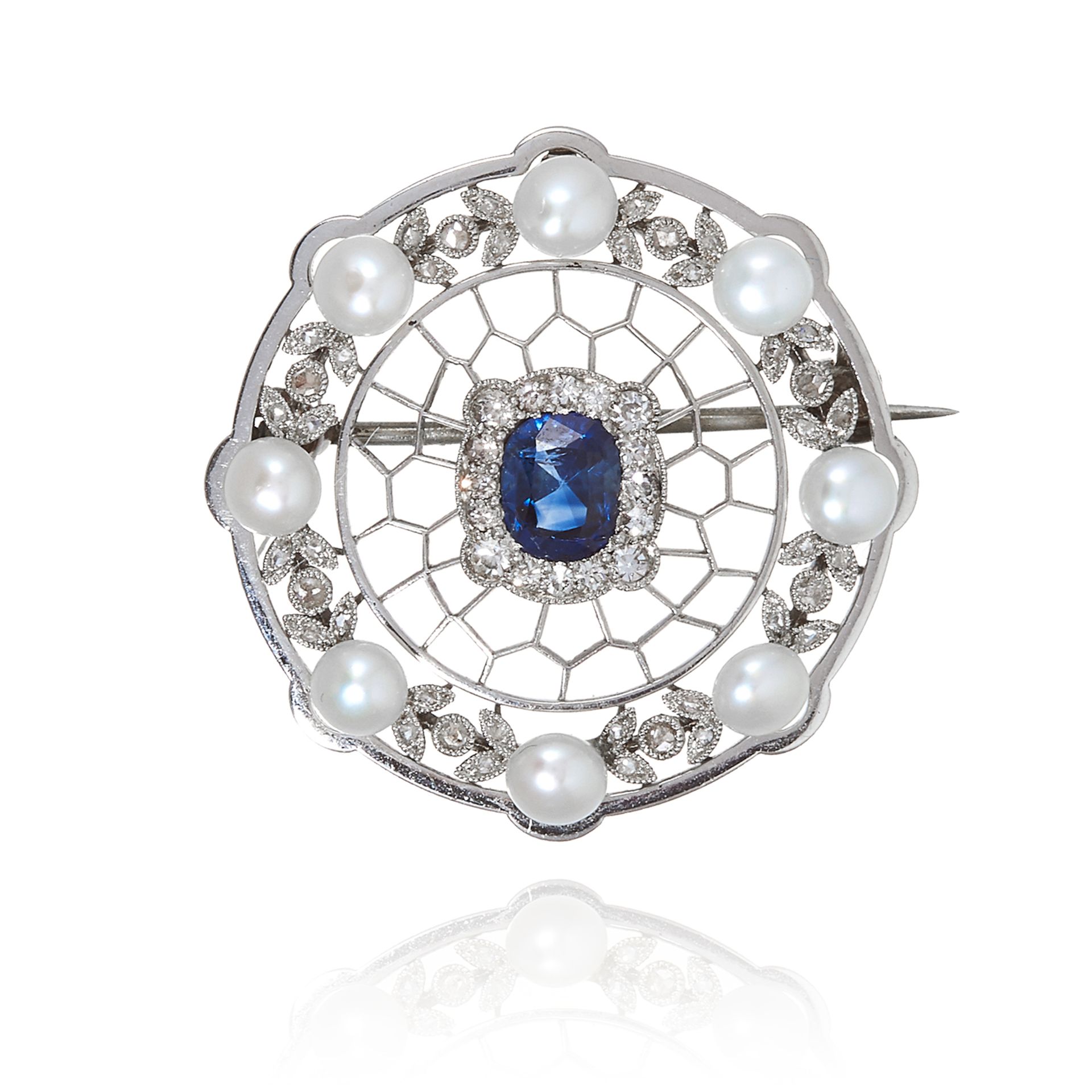 AN ART DECO SAPPHIRE, PEARL AND DIAMOND BROOCH in platinum, the sapphire and diamond cluster against