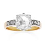 AN ANTIQUE DIAMOND RING in 18ct yellow gold, set with a cushion shaped rose cut diamond of 1.10