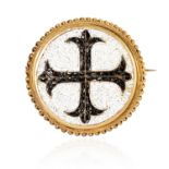 AN ANTIQUE MICROMOSAIC BROOCH designed as a Maltese cross in black mosaic on a white mosaic