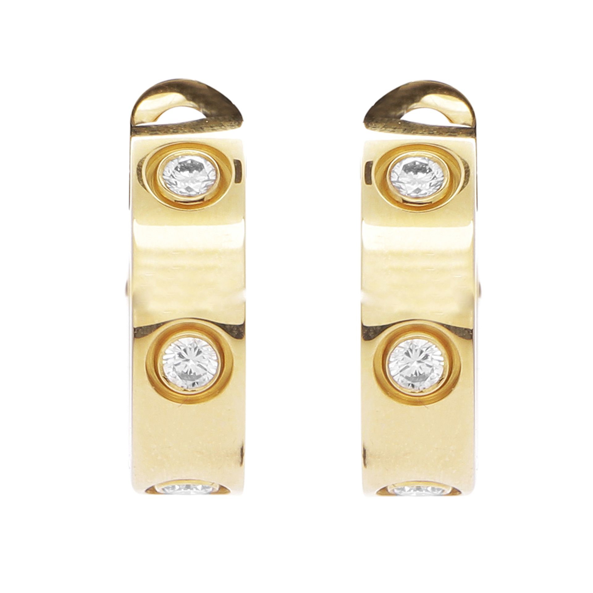 A PAIR DIAMOND LOVE EARRINGS, CARTIER in 18ct gold each jewelled with three round cut diamond, box