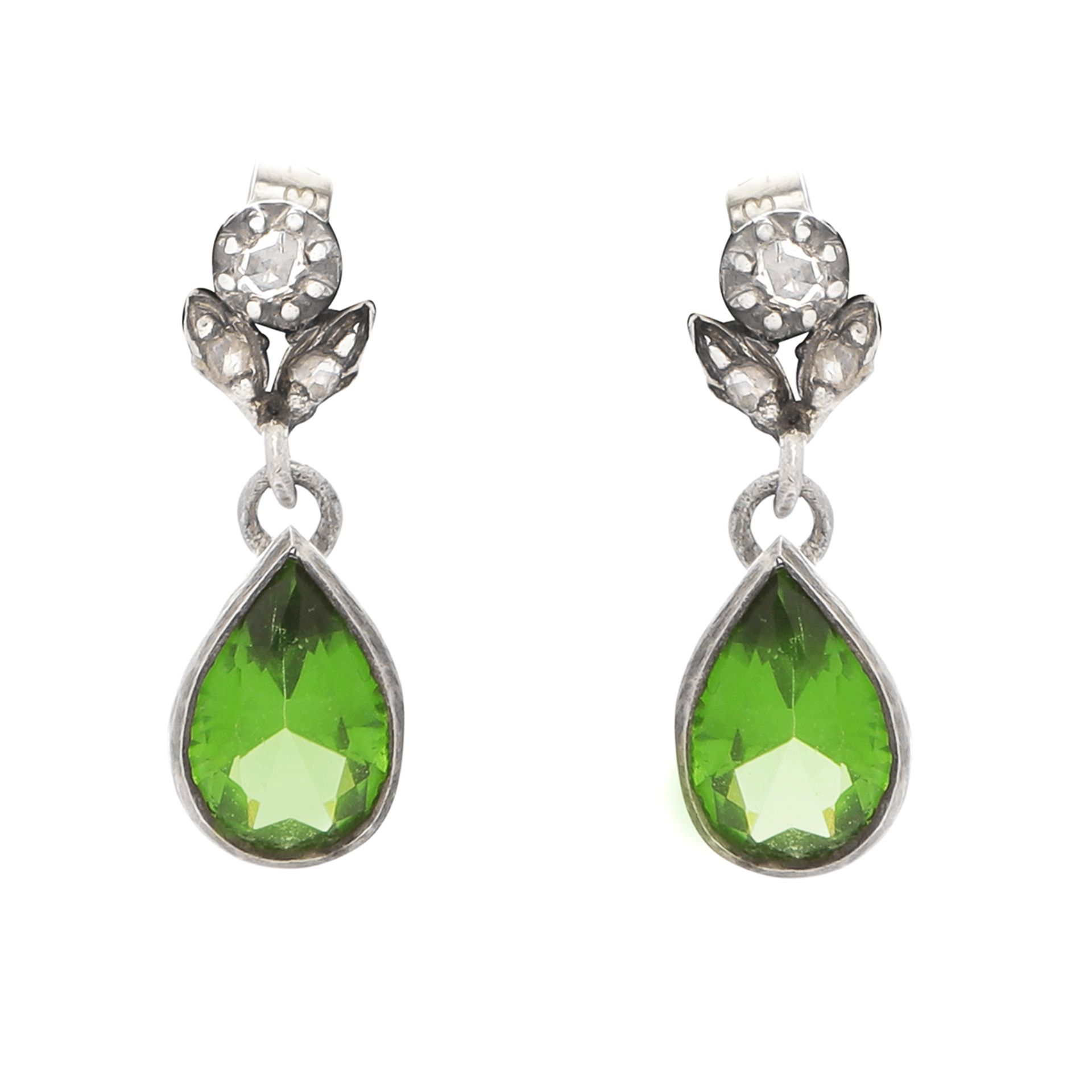 A PAIR OF ANTIQUE DIAMOND AND GEMSTONE EARRINGS each suspending a pear cut green stone below a