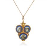 AN ANTIQUE MICROMOSAIC PENDANT, 19TH CENTURY in high carat yellow gold, formed of a trio of