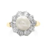 AN ANTIQUE NATURAL PEARL AND DIAMOND RING in 18ct yellow gold and platinum, the natural pearl of 8.