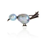 AN ANTIQUE PEARL BIRD BROOCH in silver, set with two baroque pearls in bird motif, stamped SILVER,