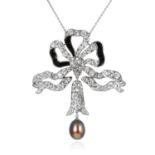 AN ANTIQUE NATURAL PEARL, ONYX AND DIAMOND PENDANT NECKLACE in platinum, the ribbon and bow motif