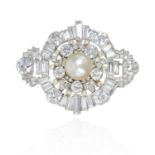 AN ANTIQUE NATURAL SALTWATER PEARL AND DIAMOND BROOCH in platinum or white gold, the central pearl