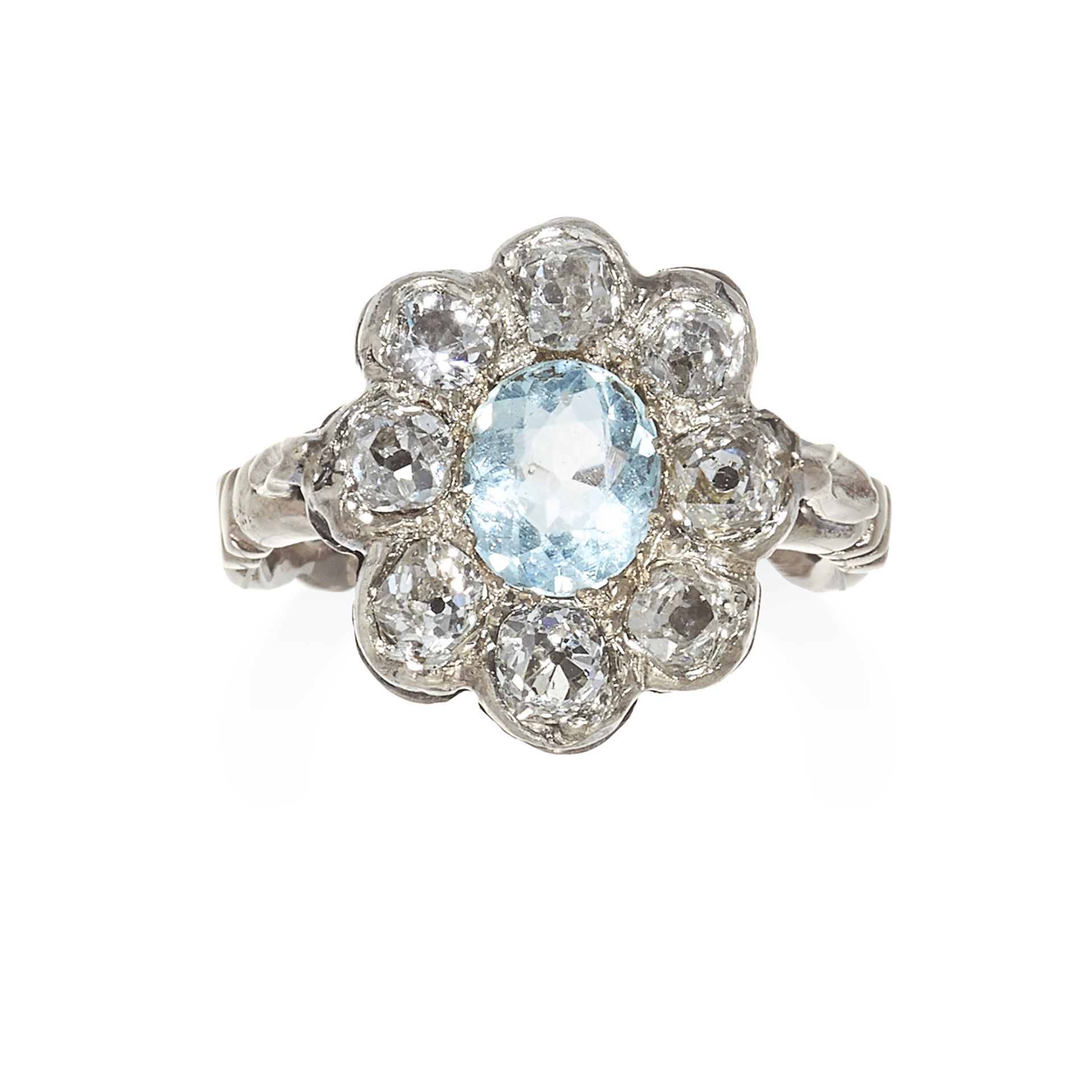 AN ANTIQUE AQUAMARINE AND DIAMOND RING in yellow gold and silver, oval cut aquamarine of 1.10 carats