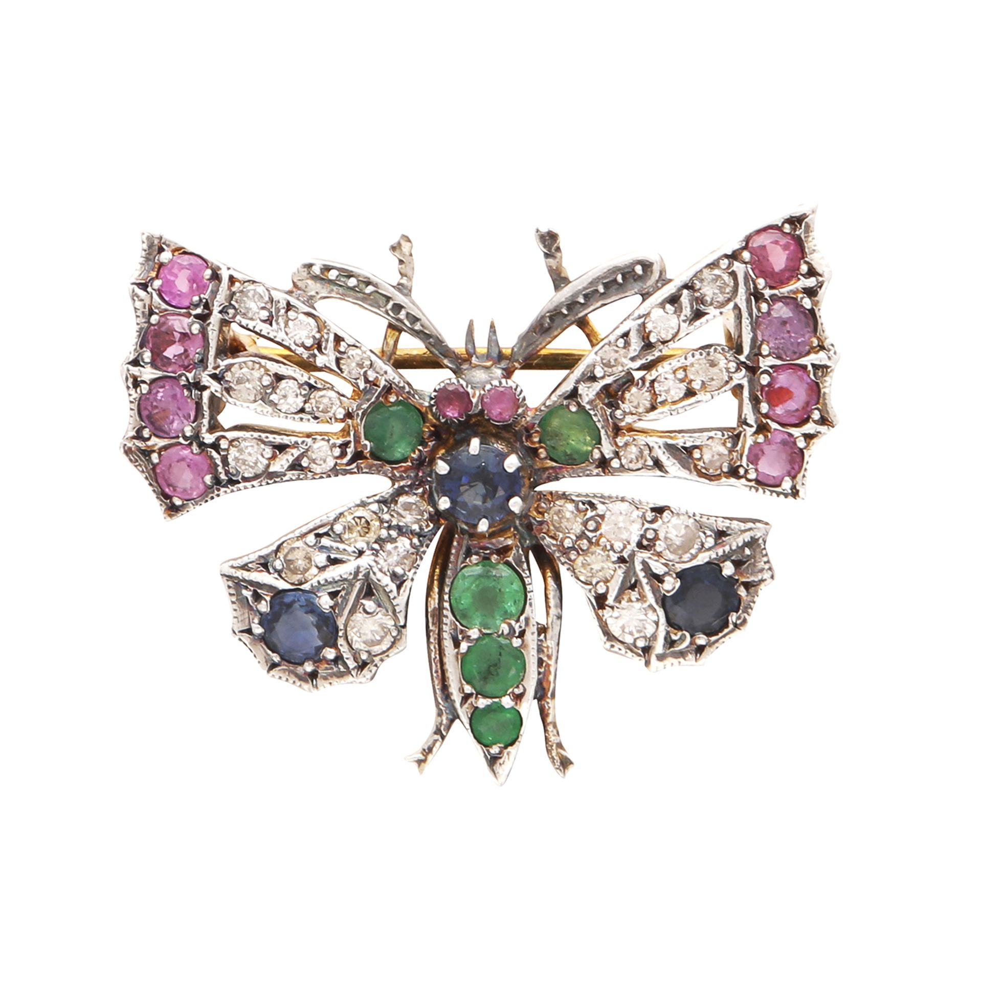 A RUBY, EMERALD, SAPPHIRE AND DIAMOND BUTTERFLY BROOCH in yellow gold and silver designed as a