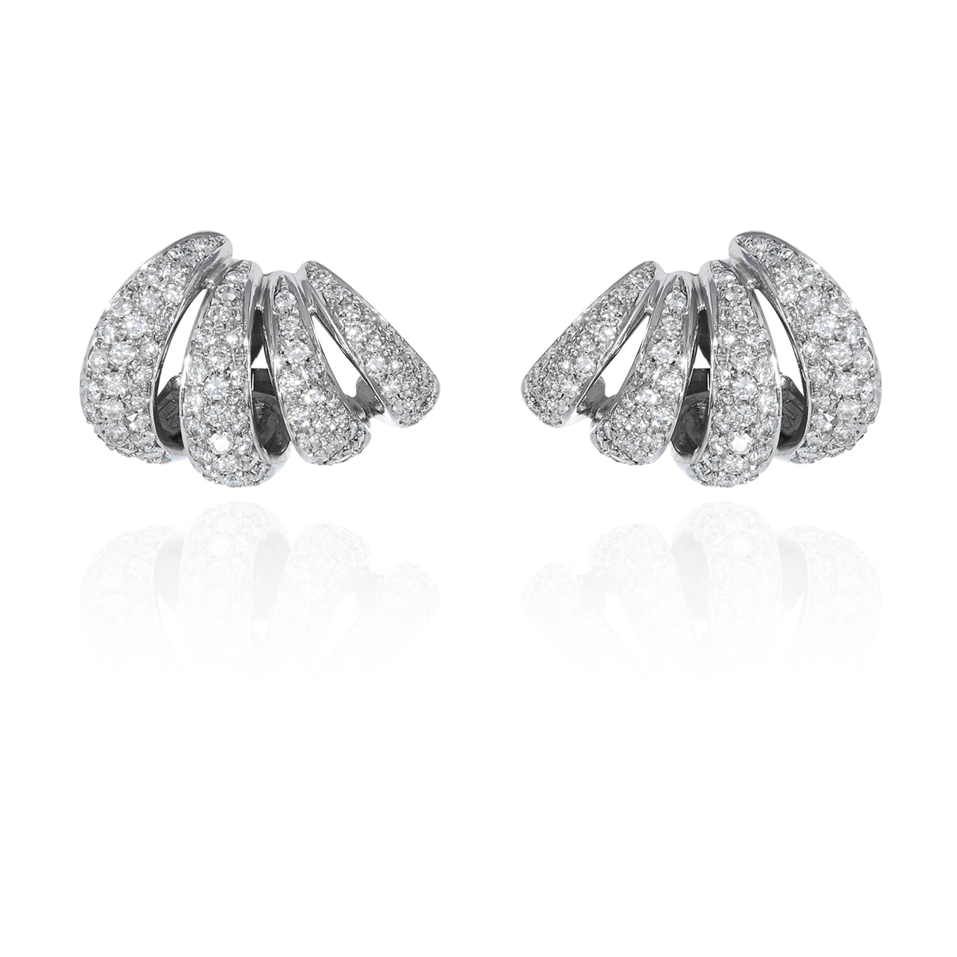 A PAIR OF DIAMOND EARRINGS in 18ct white gold, each comprising four graduated bands set with