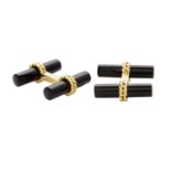 A PAIR OF VINTAGE ONYX CUFFLINKS, VAN CLEEF & ARPELS in 18ct yellow gold, each set with two polished