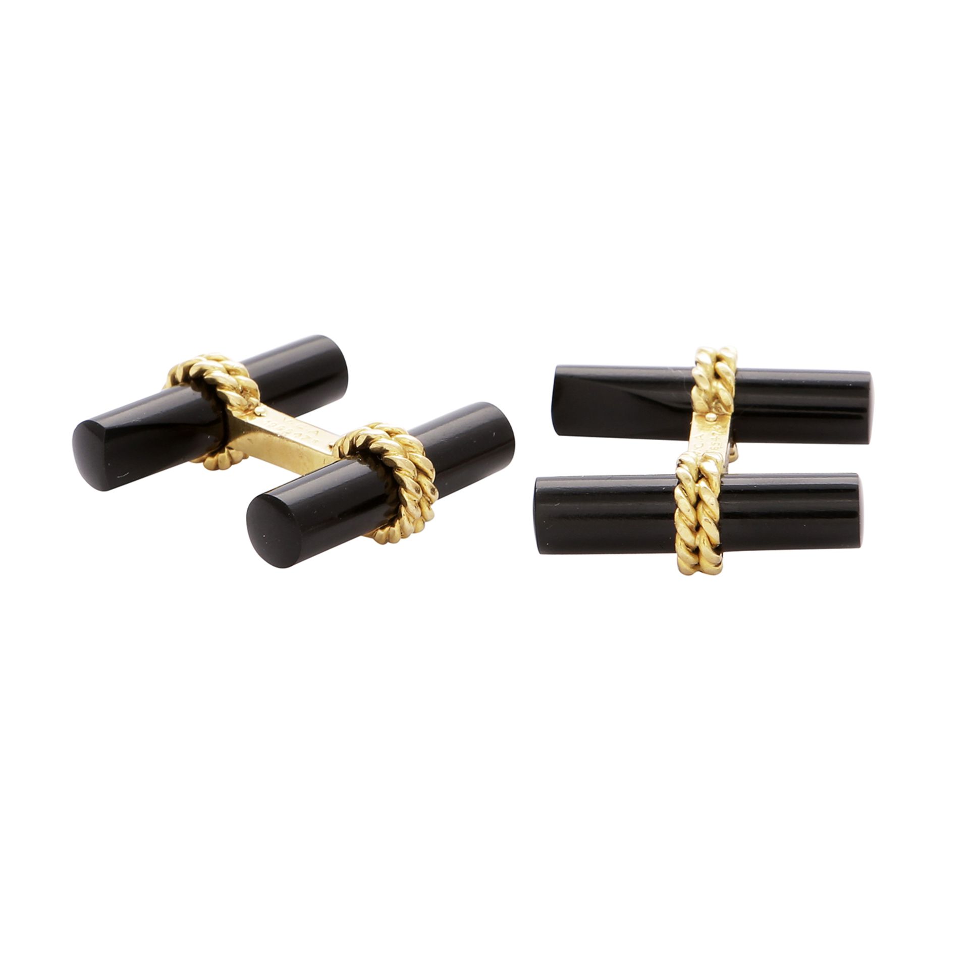 A PAIR OF VINTAGE ONYX CUFFLINKS, VAN CLEEF & ARPELS in 18ct yellow gold, each set with two polished