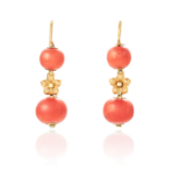 A PAIR OF ANTIQUE CORAL DROP EARRINGS, 19TH CENTURY in high carat yellow gold, each set with two