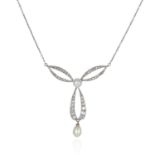 AN ANTIQUE PEARL AND DIAMOND PENDANT NECKLACE in platinum or white gold, the central pearl of 5.