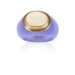 AN OPAL AND LAVENDER JADE DRESS RING in yellow gold, the polished lavender jade band set with an