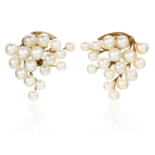 A PAIR OF PEARL CLUSTER EARRINGS in high carat yellow gold, each designed as a triangular cluster of