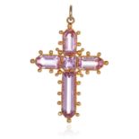 AN ANTIQUE GEORGIAN PINK TOPAZ CROSS PENDANT in high carat yellow gold, set with five fancy step cut