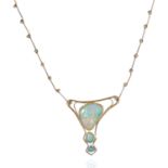 AN ART NOUVEAU OPAL NECKLACE in 18ct yellow gold and platinum, the stylised body set with a trio