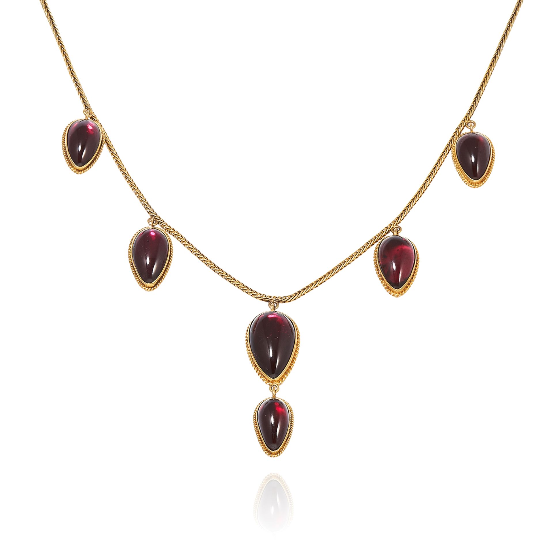 AN ANTIQUE GARNET AND HAIRWORK MOURNING NECKLACE in high carat yellow gold the chain suspending five