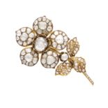 AN ANTIQUE DIAMOND FLOWER BROOCH, 19TH CENTURY in yellow gold and silver, designed as a flower,