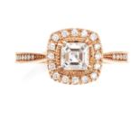 A SOLITAIRE DIAMOND ENGAGEMENT RING in 18ct rose gold, set with a central asscher cut diamond of 0.