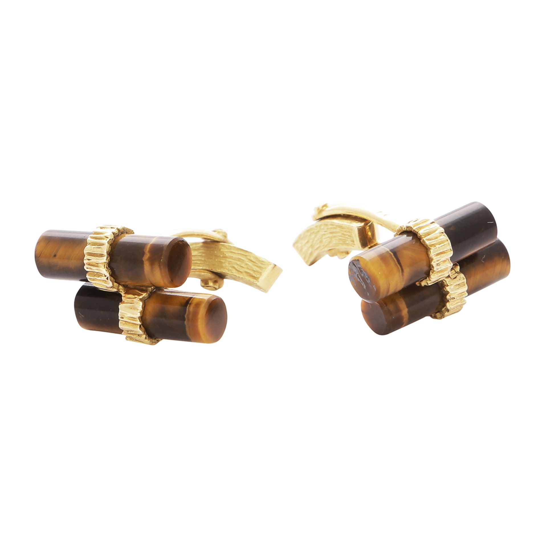 A PAIR OF VINTAGE TIGER'S EYE CUFFLINKS in 18ct yellow gold, each designed with two polished