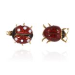 TWO ENAMELLED LADY BUG INSECT BROOCHES in 18ct yellow gold, each designed as a lady bug, with