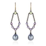 A PAIR OF AMETHYST, PERIDOT AND PEARL EARRINGS in yellow gold, each jewelled with one cabochon