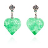 A PAIR OF CHINESE JADEITE JADE, EMERALD AND DIAMOND EARRINGS each jewelled with emeralds and