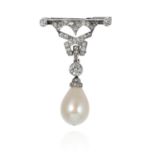 AN ANTIQUE NATURAL SALTWATER PEARL AND DIAMOND BROOCH in platinum or white gold the jewelled body