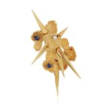 A VINTAGE SAPPHIRE AND DIAMOND BROOCH in high carat yellow gold, abstract design with naturalistic