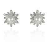 A PAIR OF NATURAL SALTWATER PEARL AND DIAMOND EARRINGS in white gold or platinum, each set with a