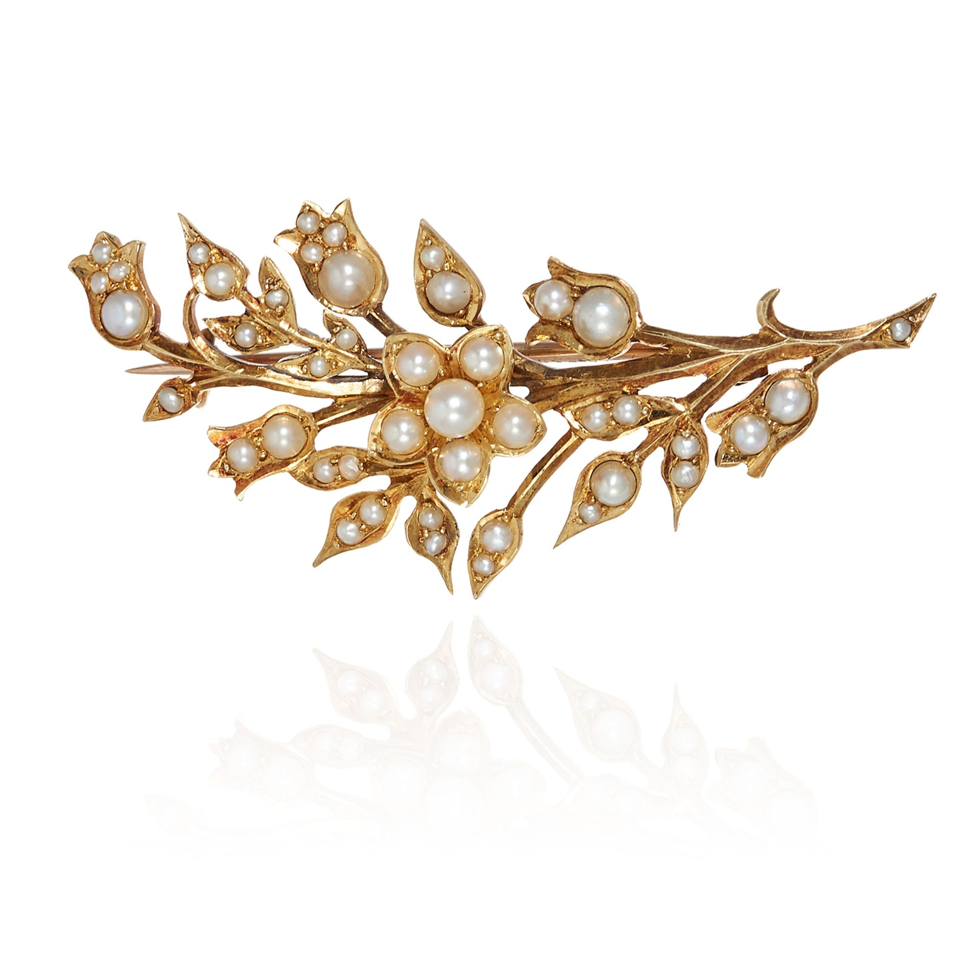 AN ANTIQUE PEARL BROOCH, 19TH CENTURY in 15ct yellow gold, designed as a floral spray, stamped 15CT,