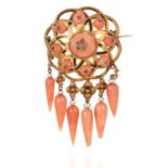 AN ANTIQUE CORAL, DIAMOND, ENAMEL AND PEARL BROOCH AND EARRINGS SUITE, 19TH CENTURY in high carat