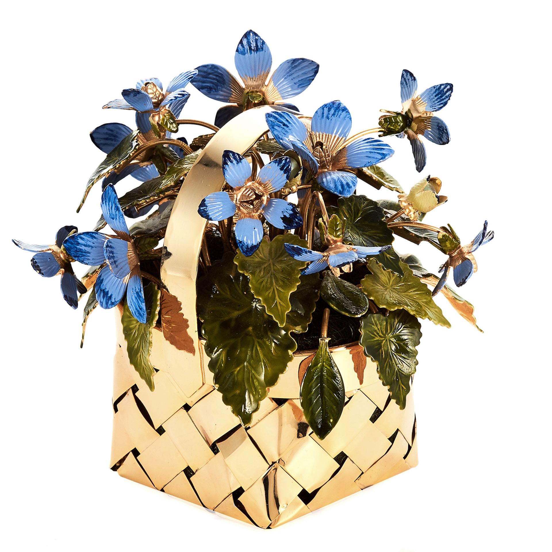 AN ENAMELLED FORGET-ME-NOT FLOWER BASKET ORNAMENT, CARTIER in sterling silver, the gilt woven basket