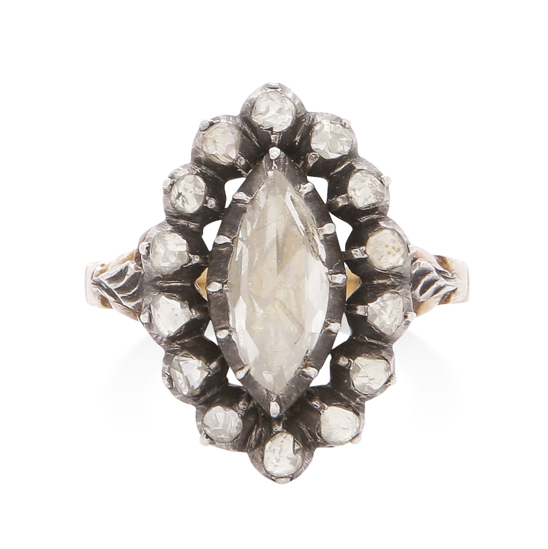 AN ANTIQUE DIAMOND CLUSTER RING, DUTCH 19TH CENTURY in high carat yellow gold and silver, the