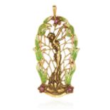 A RUBY AND ENAMEL PENDANT in high carat yellow gold, depicting an Art Nouveau figure, within a