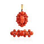 AN ANTIQUE CORAL BROOCH AND PENDANT, ITALIAN CIRCA 1860 the pendant a cluster of coral beads, the