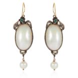 A PAIR OF PEARL, DIAMOND AND EMERALD EARRINGS in yellow gold, the floral and leaf motifs jewelled