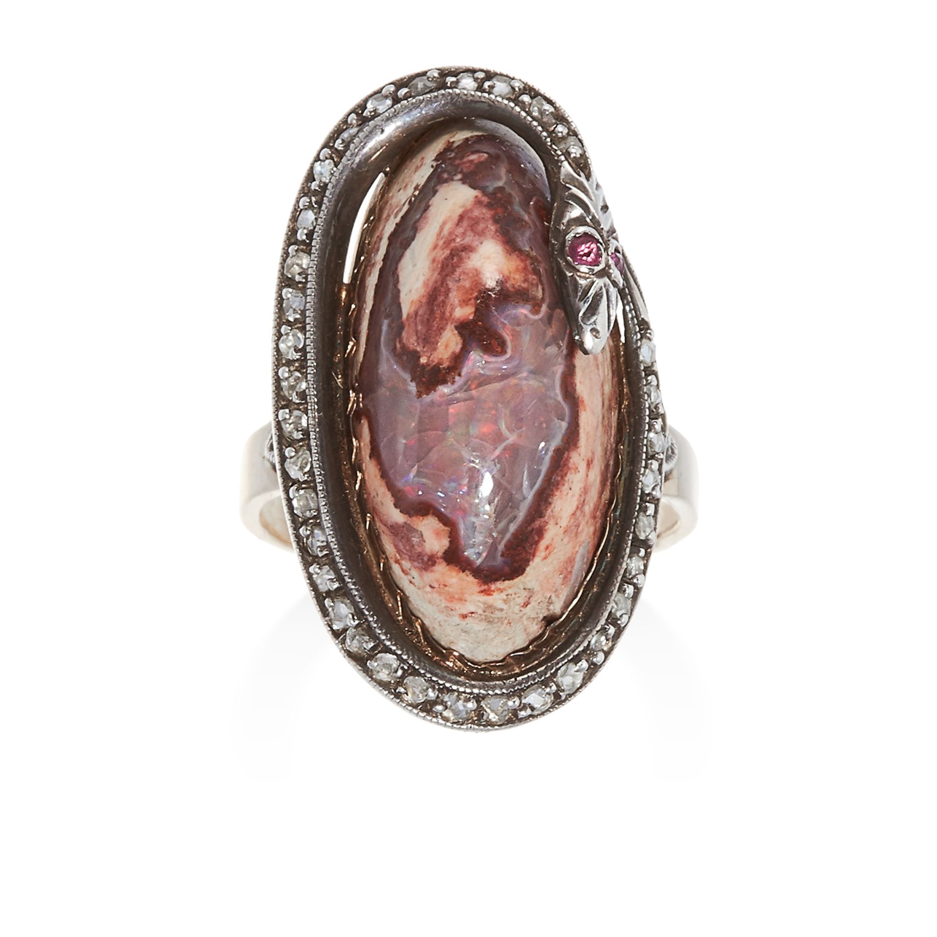 AN ANTIQUE OPAL, DIAMOND AND RUBY SNAKE RING, 19TH CENTURY in high carat yellow gold and silver, set