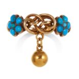 AN ANTIQUE TURQUOISE LOVERS KNOT RING, 19TH CENTURY in high carat yellow gold designed as a