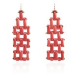 A PAIR OF ANTIQUE CORAL EARRINGS, ITALIAN formed of 19th century bracelet links, 5.7cm, 8.9g.